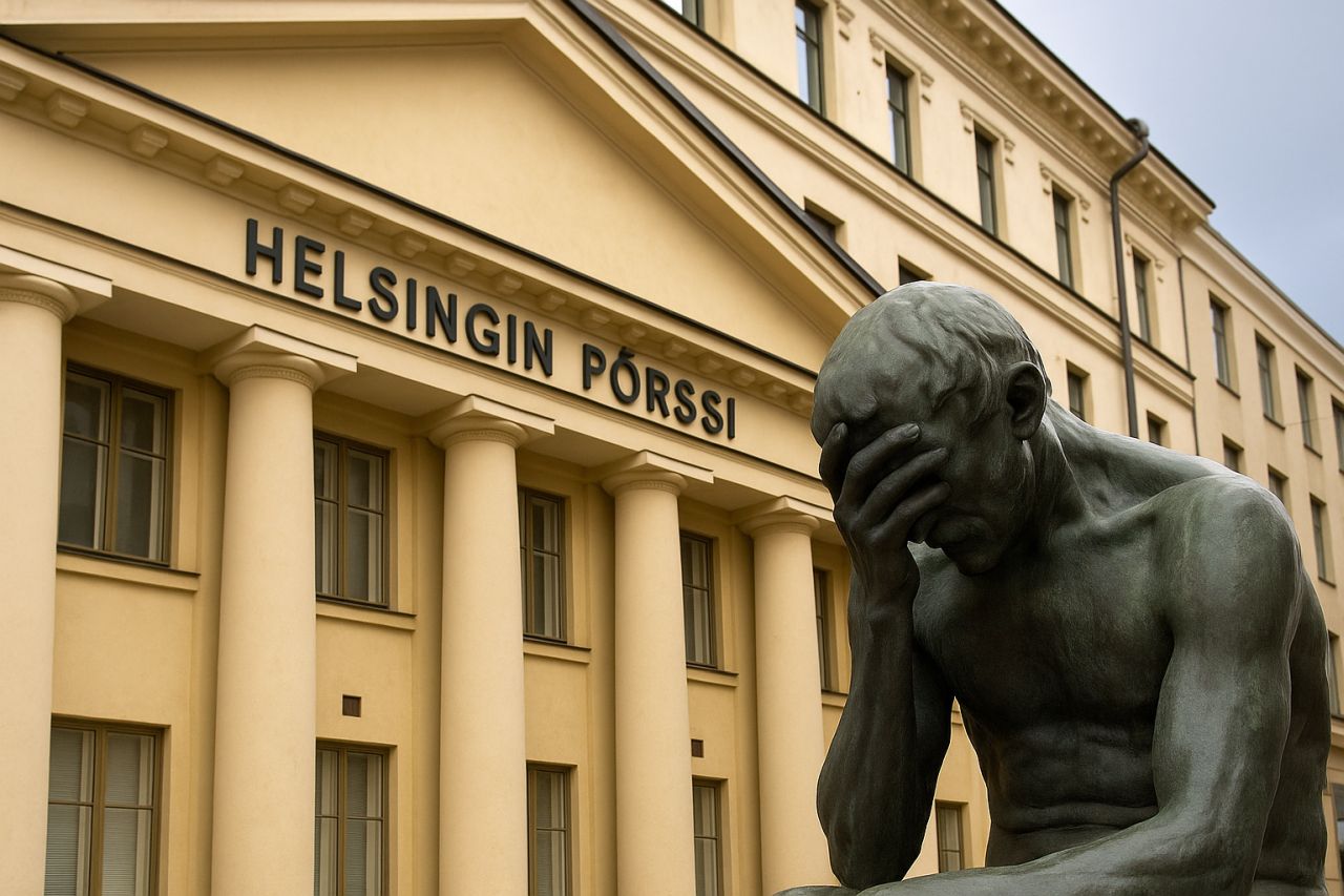 L'ingresso di una banca con una statua davanti