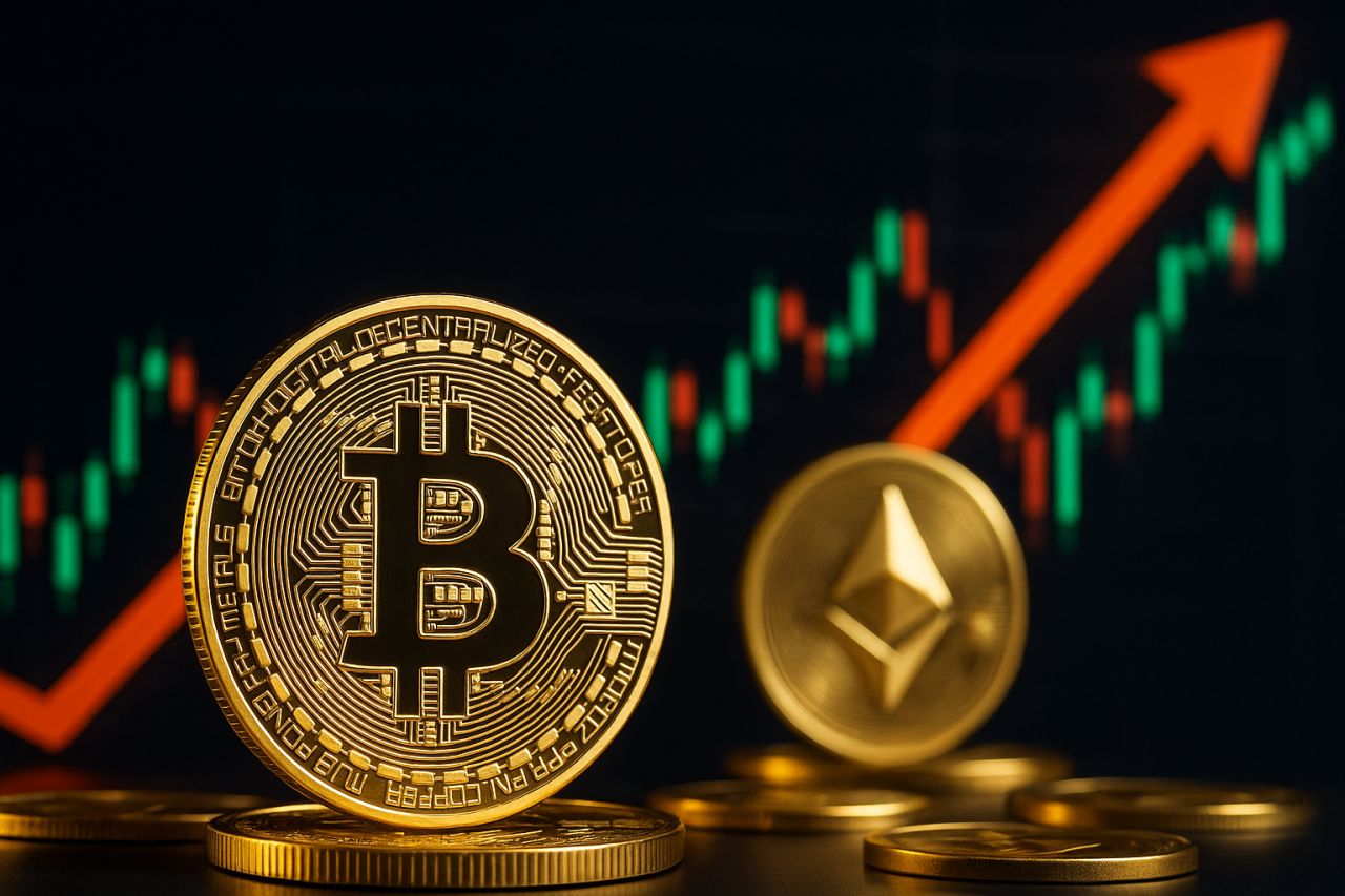 Una moneta di Bitcoin e una di Ethereum con un grafico a candele sullo sfondo