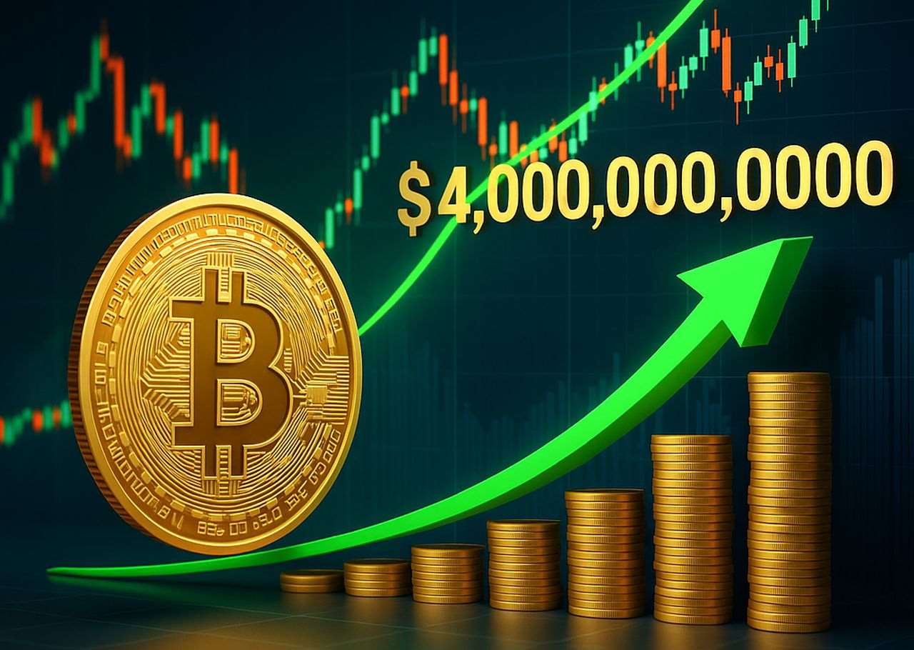 Una moneta con il simbolo di Bitcoin con un grafico a candele sullo sfondo, alcune pile di monete percorse da una freccia verde verso l'alto, e la scritta 4 miliardi in cifre
