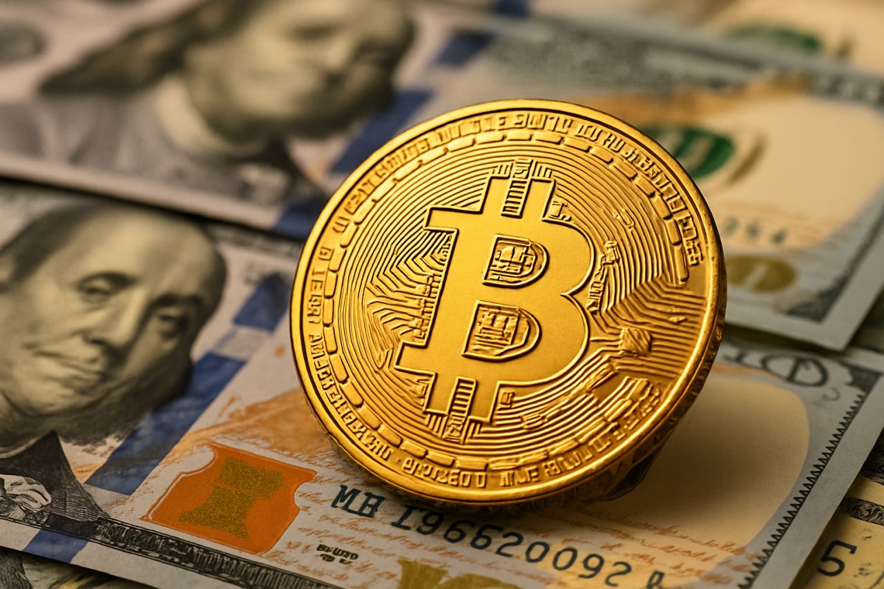 Una moneta con il simbolo di Bitcoin con delle banconote in dollari sullo sfondo