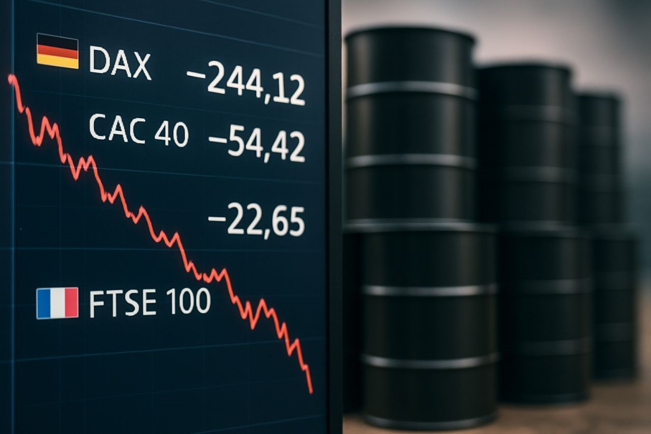 Uno schermo con delle cifre e un grafico in discesa. Dei barili di petrolio sullo sfondo