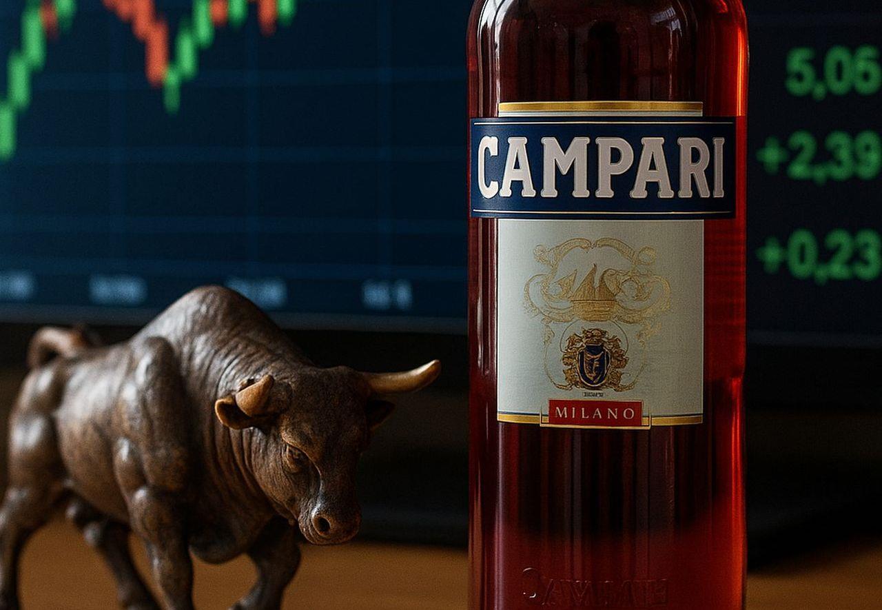 Una bottiglia di campari con una miniatura di un toro accanto e dei grafici finanziari sullo sfondo