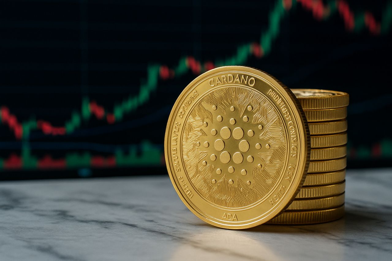 Una moneta con il simbolo di Cardano e dei grafici finanziari sullo sfondo