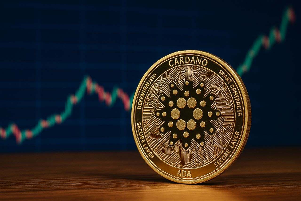 una moneta con il simbolo di Cardano e un grafico sullo sfondo