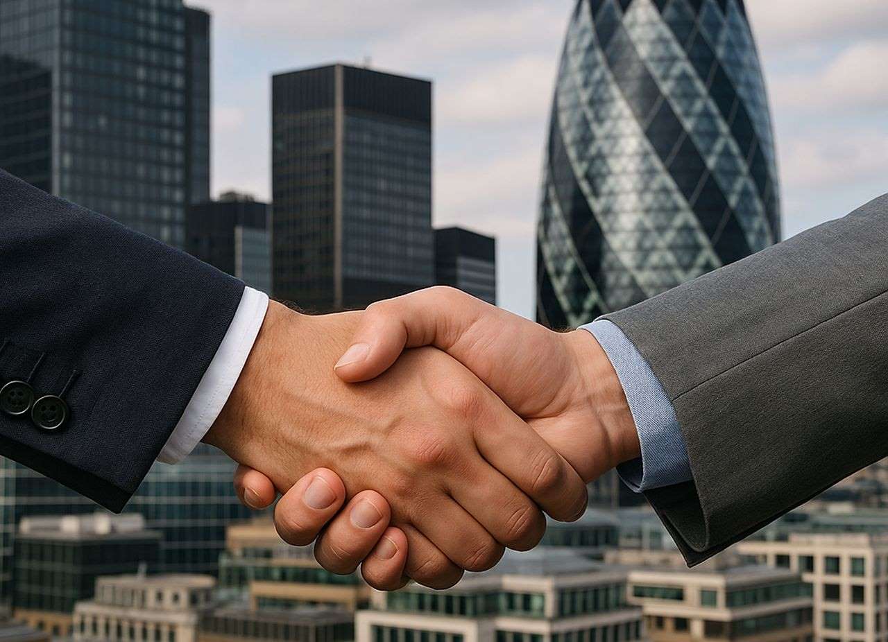 Una stretta di mano con la City of London sullo sfondo