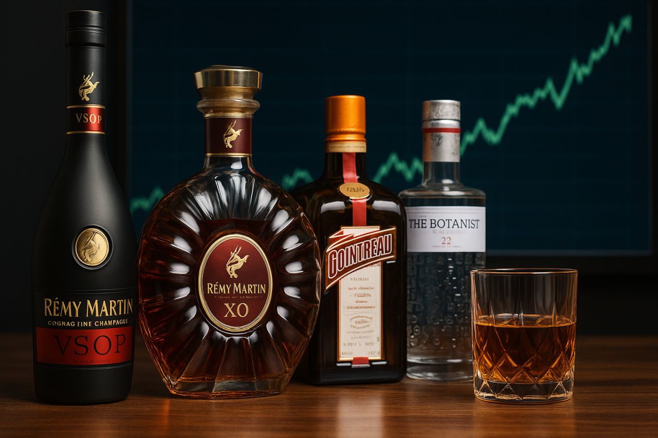 Alcune bottiglie di liquori e un grafico finanziario sullo sfondo