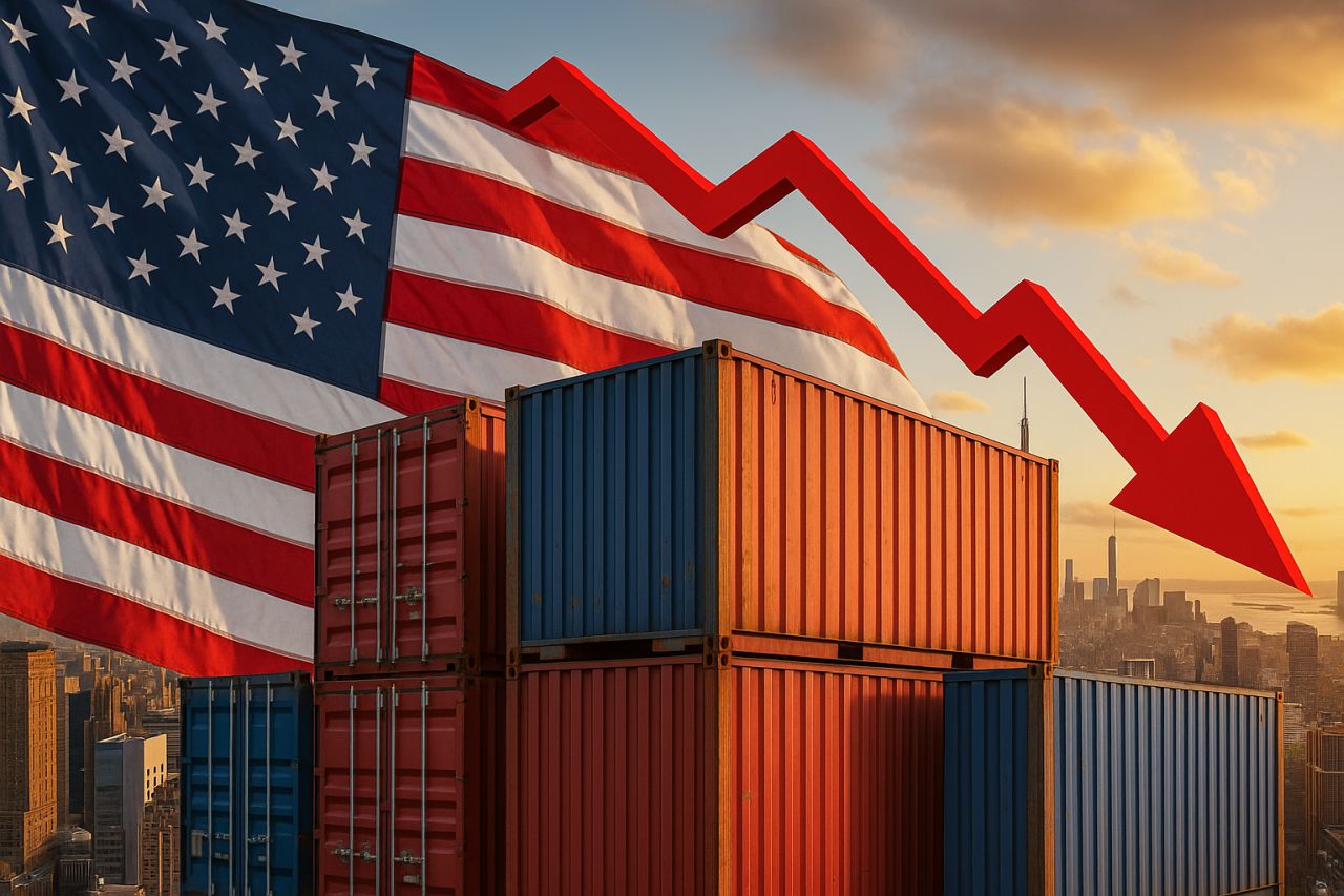 Dei container con la bandiera degli Stati Uniti sullo sfondo