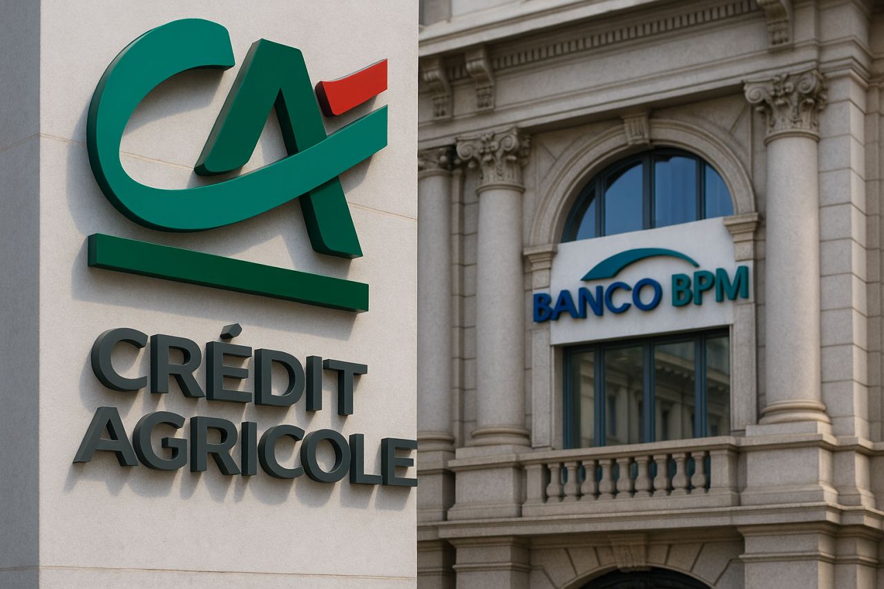 Insegna credit agricole su edificio a sinistra e banco BPM su quello a destra