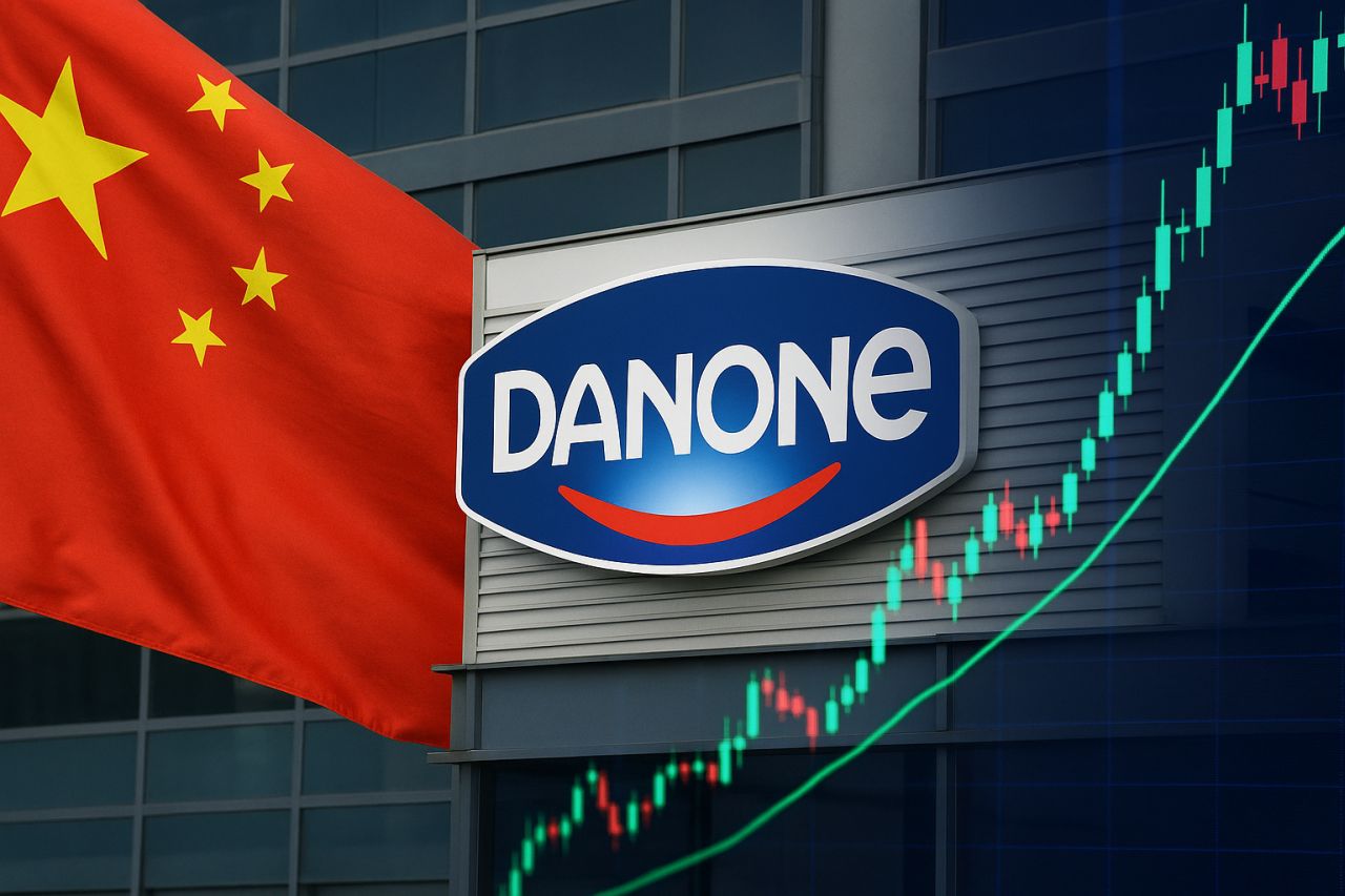 La bandiera della Cina a sinistra, il logo Danone al centro e un grafico a candele in sovrimpressione