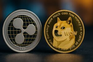 Una moneta col simbolo di XRP e una con quello di Dogecoin