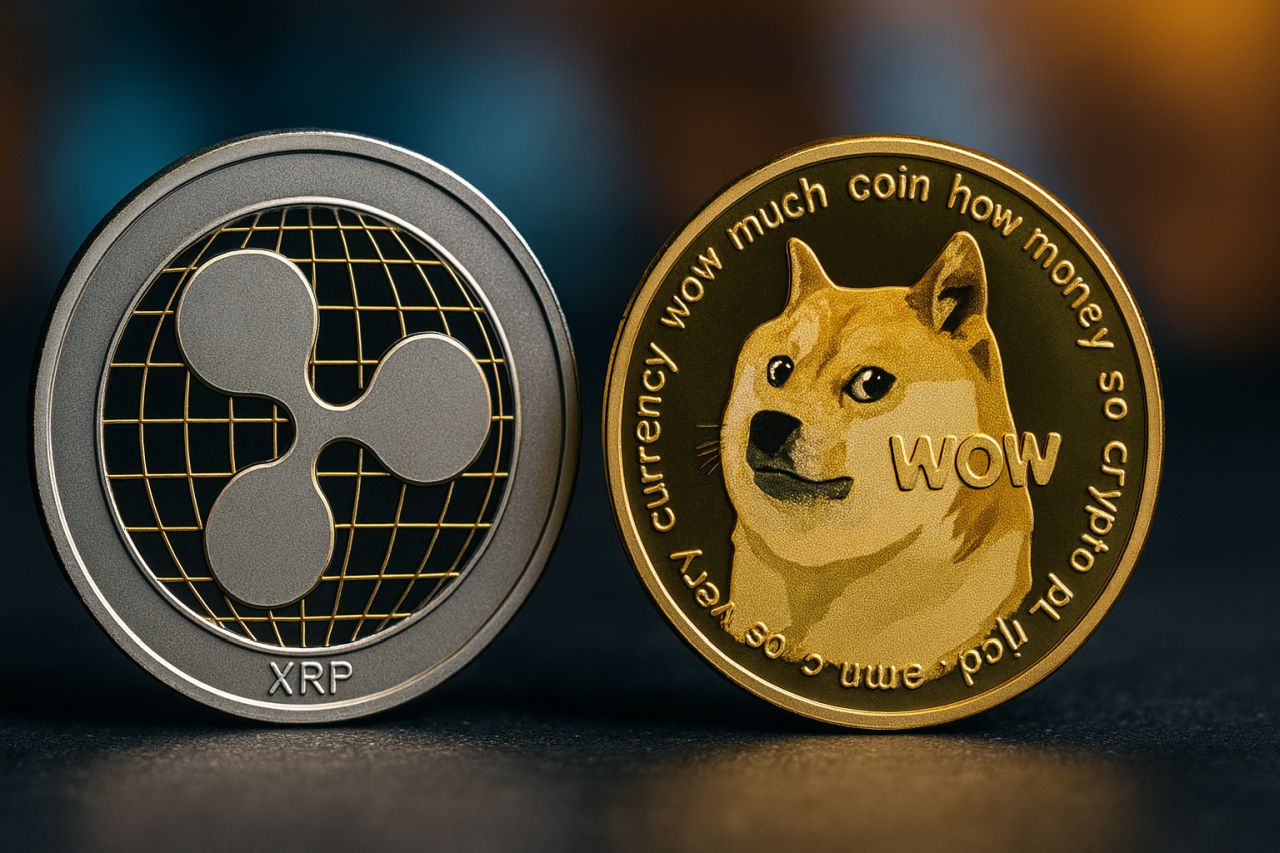 Una moneta col simbolo di XRP e una con quello di Dogecoin