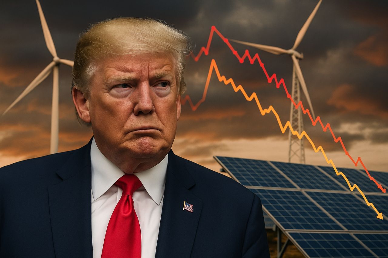 Primo piano di Donald Trump con un cielo tempestoso sullo sfondo insieme a pannelli fotovoltaici e pale eoliche