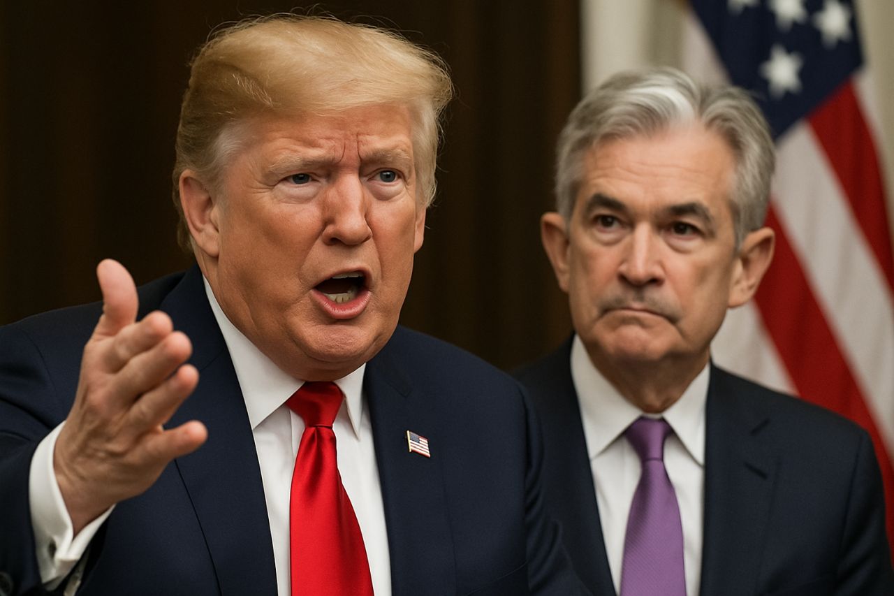 Primo piano di Trump e Powell con la bandiera degli USA sullo sfondo