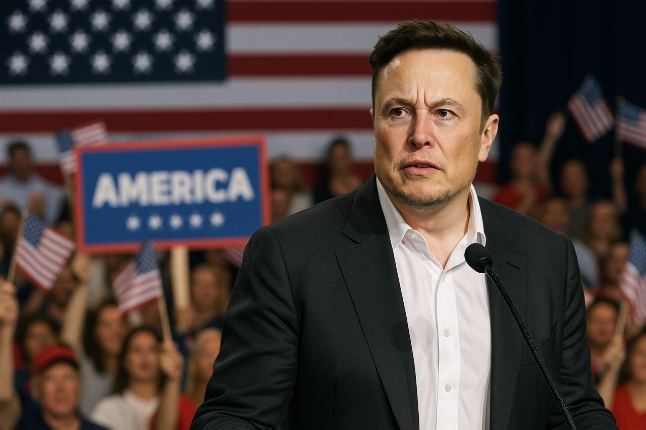 Primo piano di Elon Musk con il suo pubblico alle spalle e la bandiera degli USA sullo sfondo