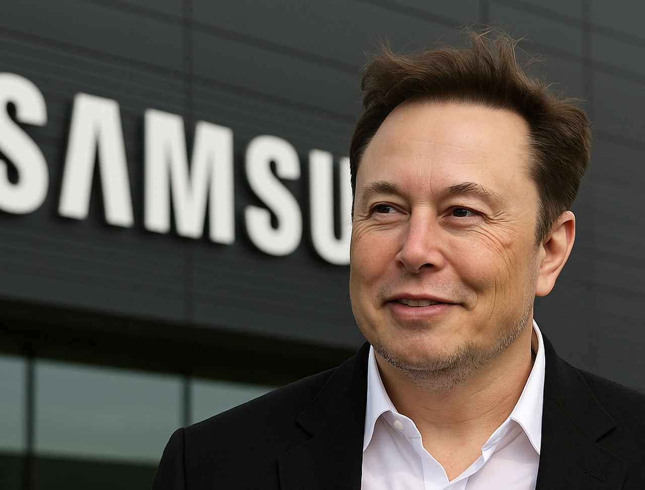 Primissimo piano di Elon Musk con parte della scritta Samsung alle spalle
