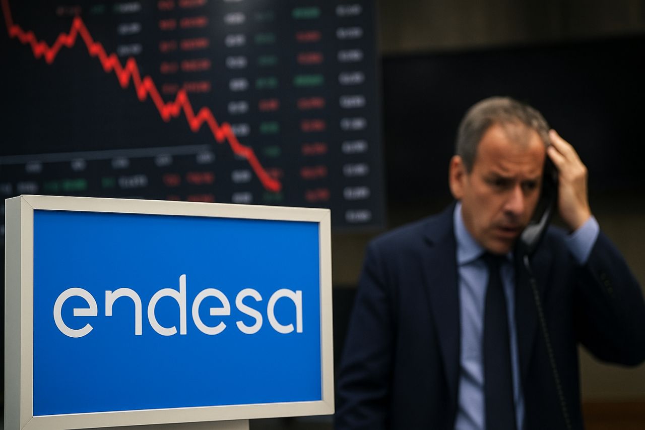 In basso a sinistra la scritta endesa in un rettangolo blu. A destra primo piano di un investitore preoccupato e sullo sfondo grafici finanziari