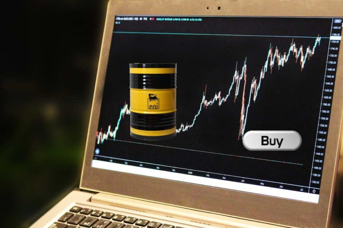 grafico di borsa e barile con logo di Eni