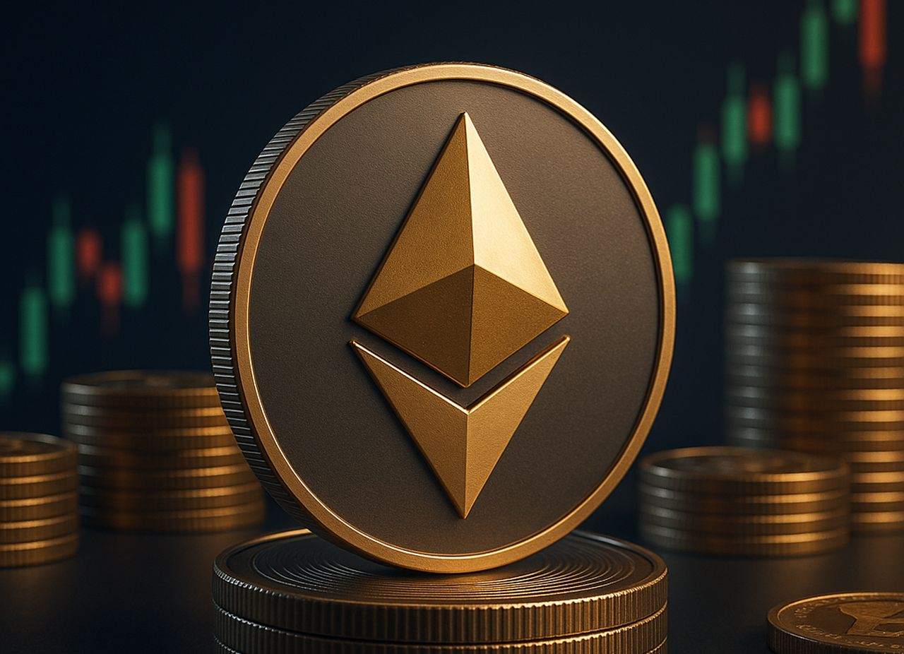Una moneta con il simbolo di Ethereum con altre monetine sullo sfondo e dei grafici a candele