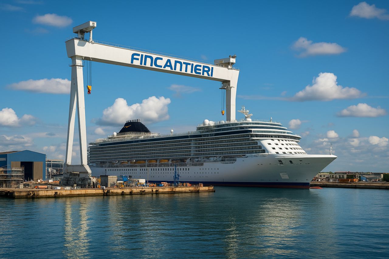 Un cantiere con la scritta Fincantieri