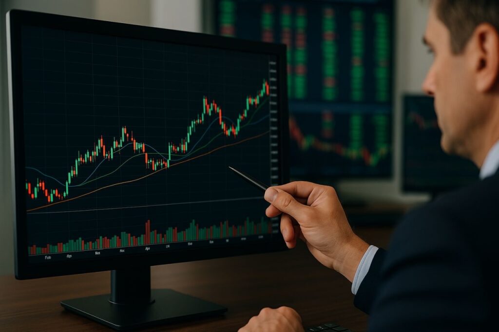 Un analista che osserva un grafico finanziario su uno schermo