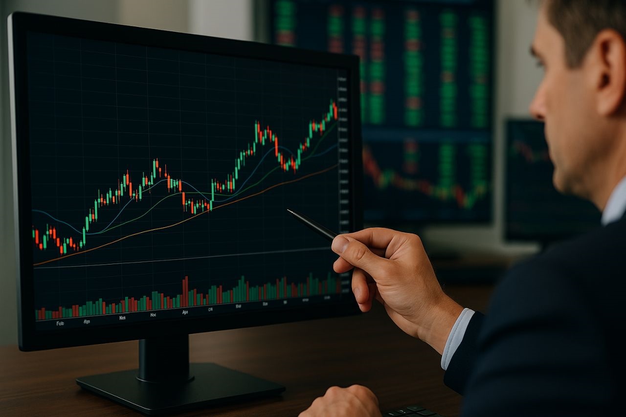 Un analista che osserva un grafico finanziario su uno schermo