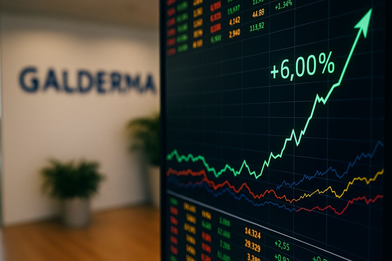 uno schermo con grafici finanziari sulla destra e la scritta Galderma sulla sinistra