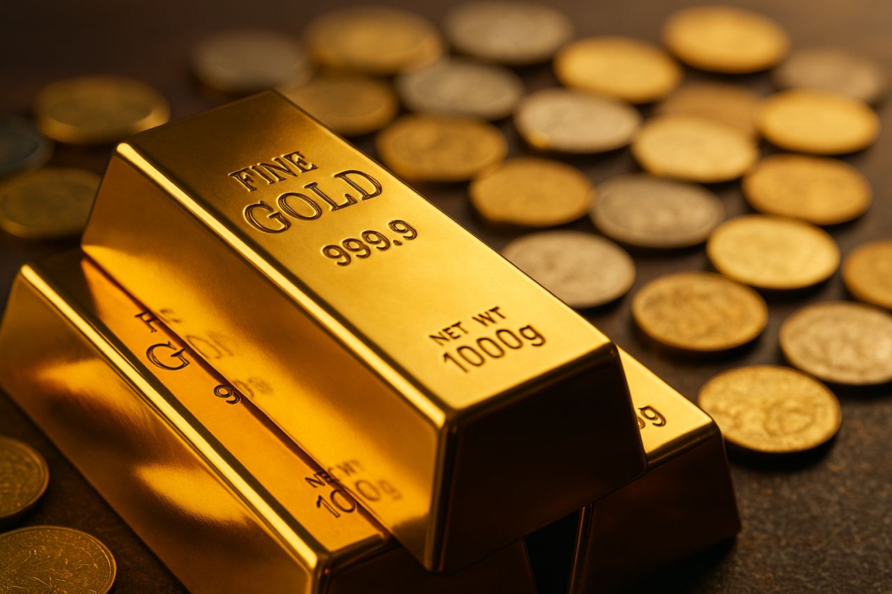 Alcuni lingotti e monete d'oro