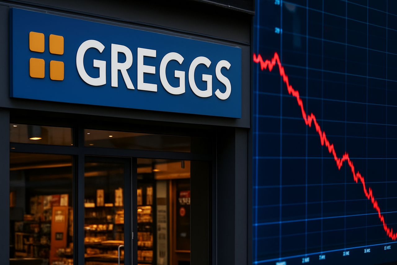 Logo e scritta Greggs sull'ingresso di un negozio. Sulla destra un grafico in discesa