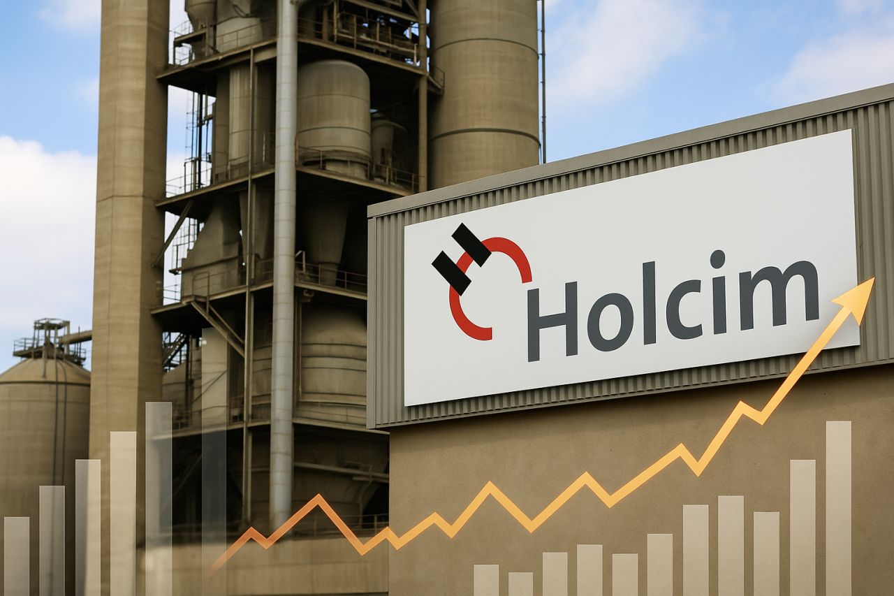 Logo e scritta Holcim vicino a un'installazione industriale