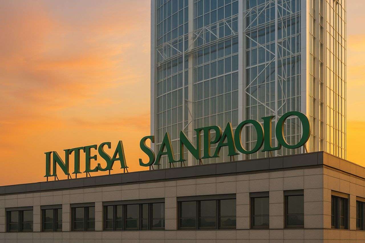 Un edificio con l'insegna Intesa San Paolo in cima e sullo sfondo il tramonto e un grattacielo