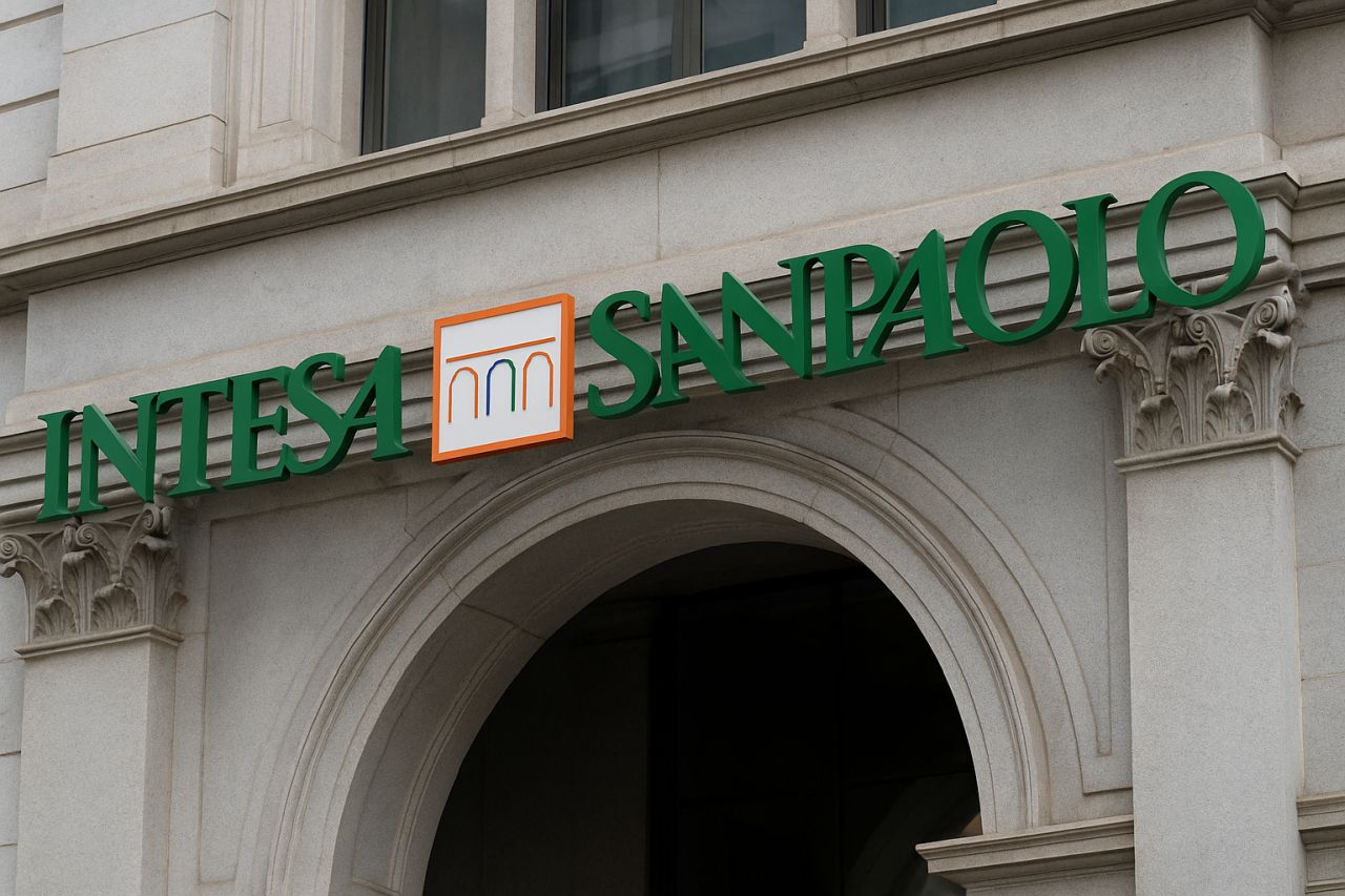 insegna Intesa Sanpaolo sull'ingresso di un edificio