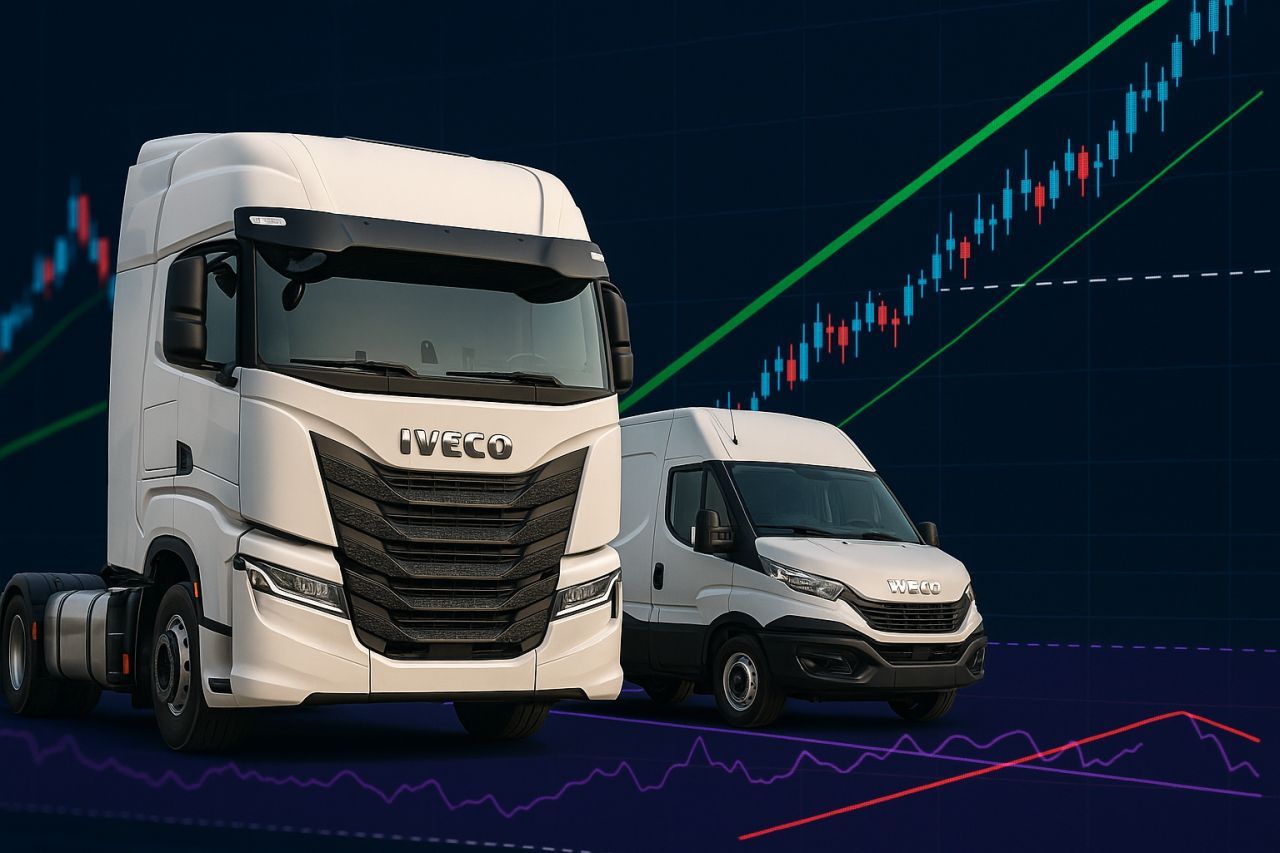 Un camion e un furgone Iveco. Sullo sfondo dei grafici finanziari