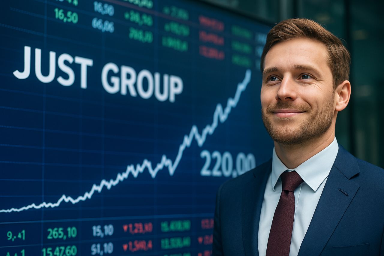 primo piano di un trader con scritta Just Group alle spalle insieme a un grafico finanziario