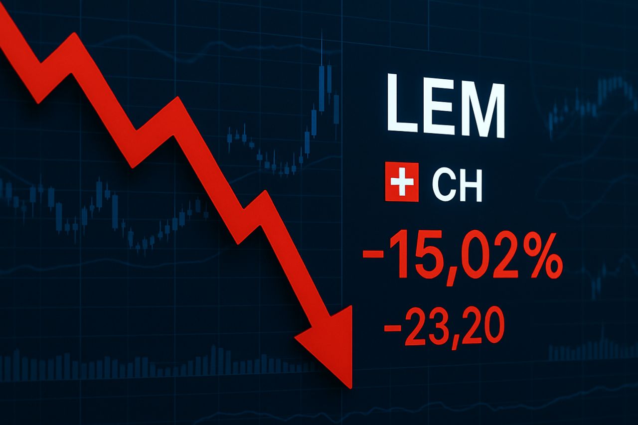 un grafico finanziario con una freccia in discesa e la scritta LEM accompagnata da alcune cifre