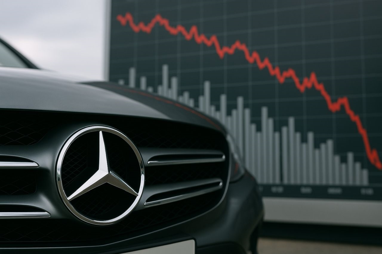 Particolare di una mercedes con il simbolo delle casa automobilistica in bella vista. Sullo sfondo uno schermo con dei grafici