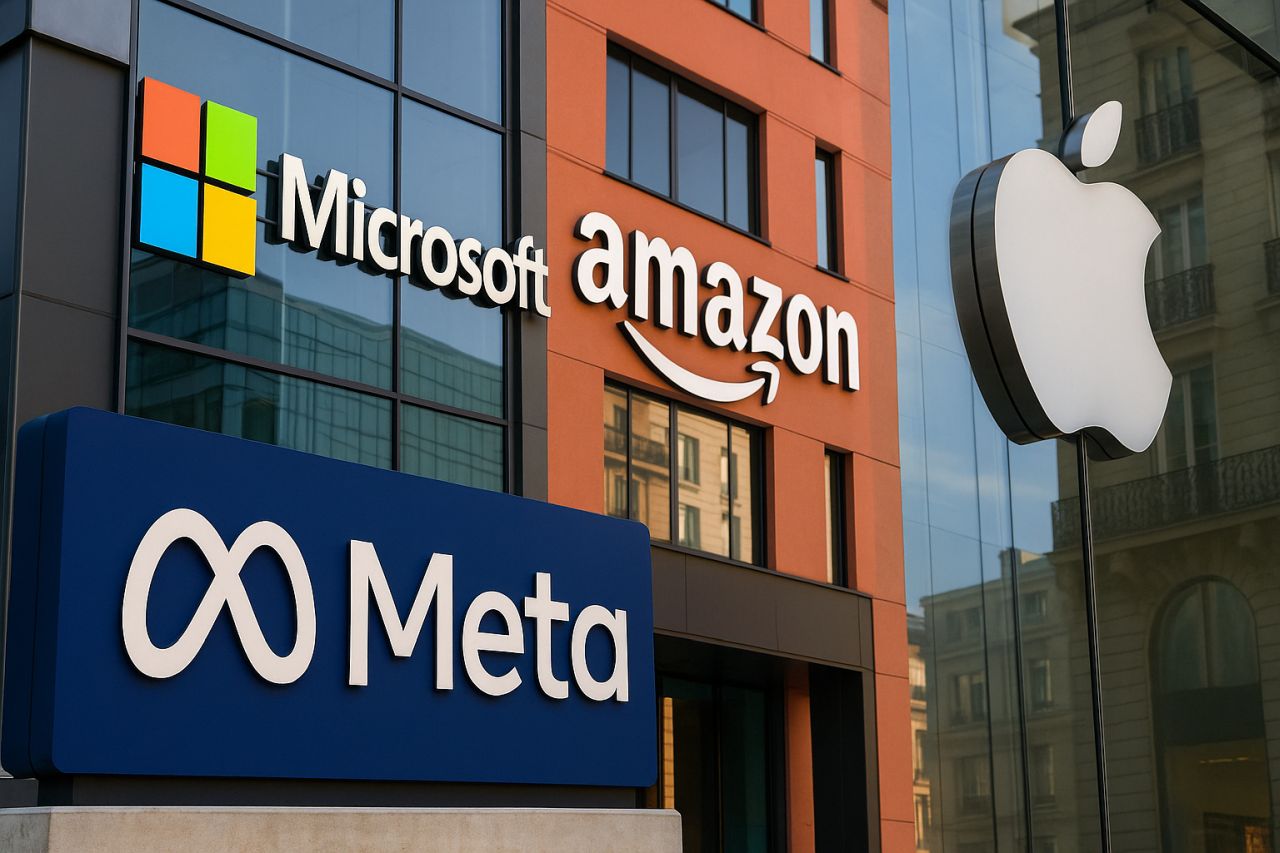 I loghi delle 4 big tech con degli edifici sullo sfondo