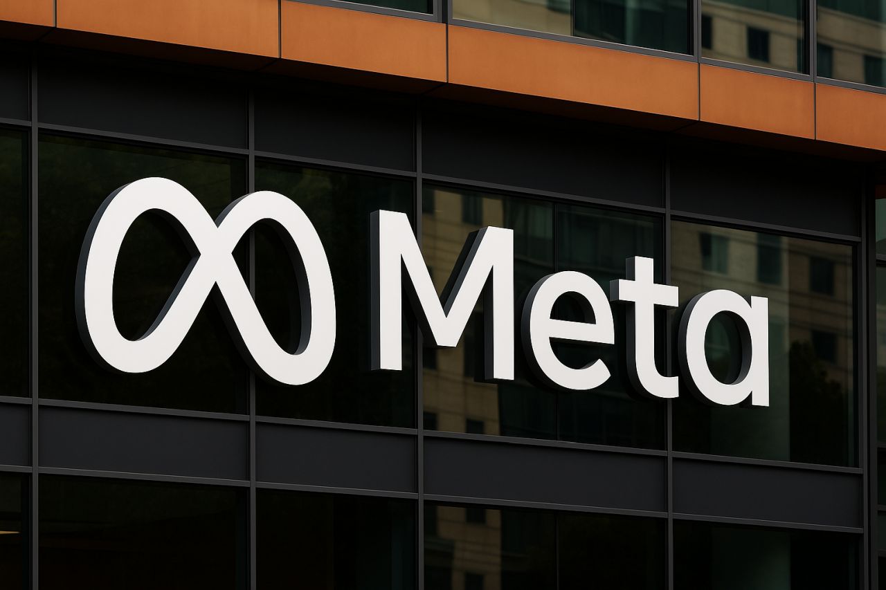 Insegna con logo e scritta Meta su una vetrata