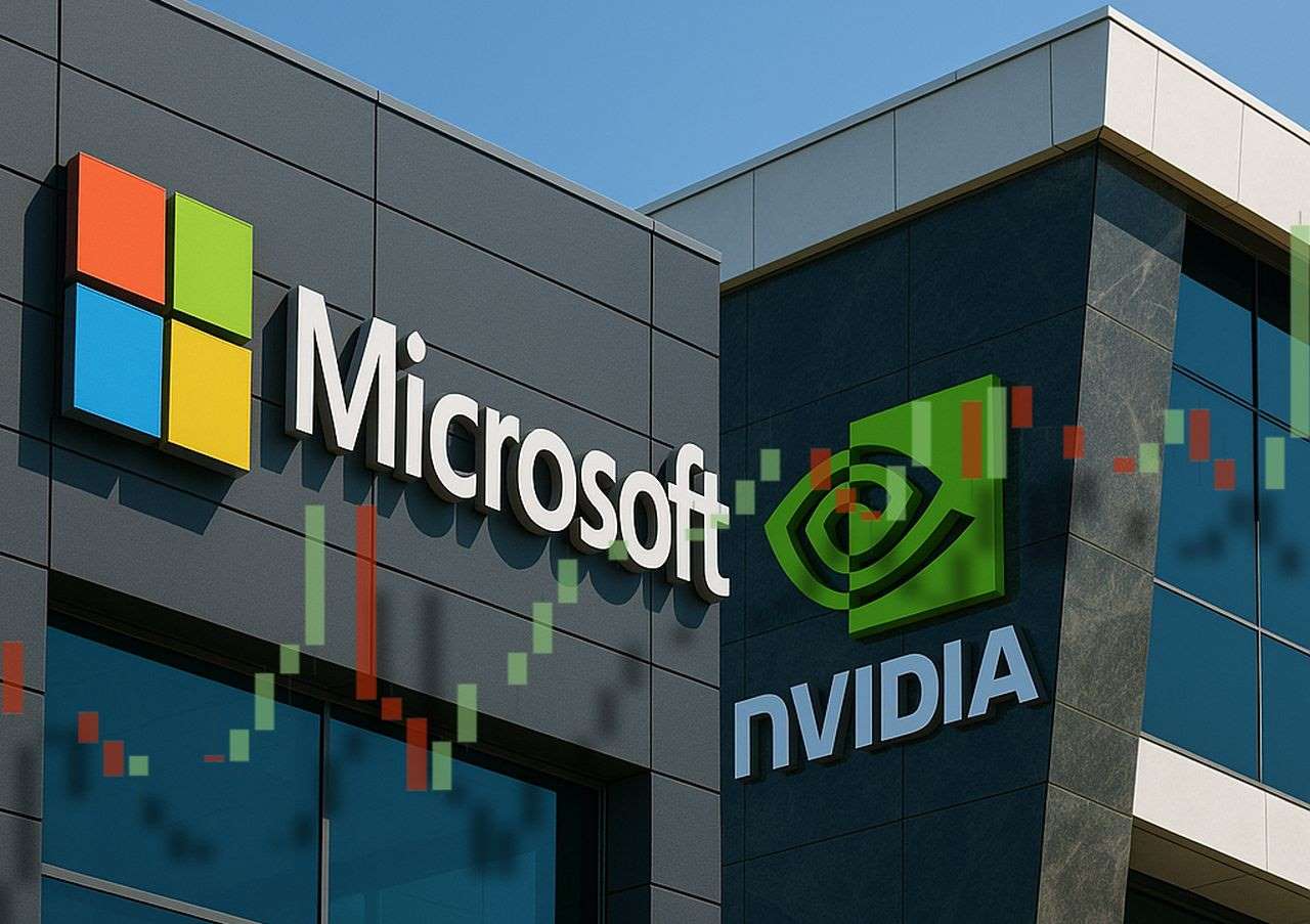 Un edificio con l'insegna Microsoft a sinistra e uno con l'insegna Nvidia a destra. In sovrimpressione un grafico a candele