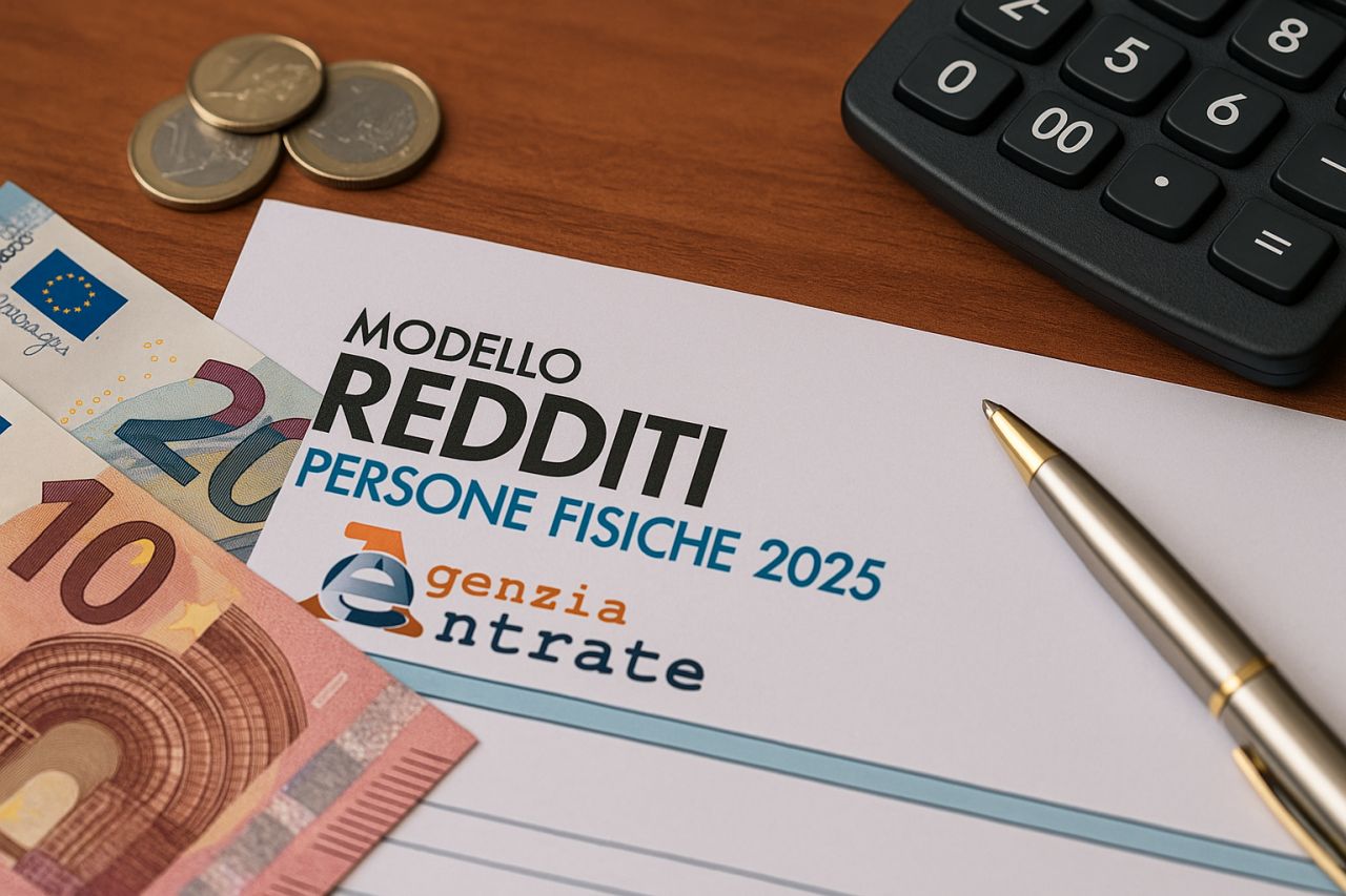 Modello redditi formato cartaceo su un piano di legno, con una calcolatrice e dei soldi