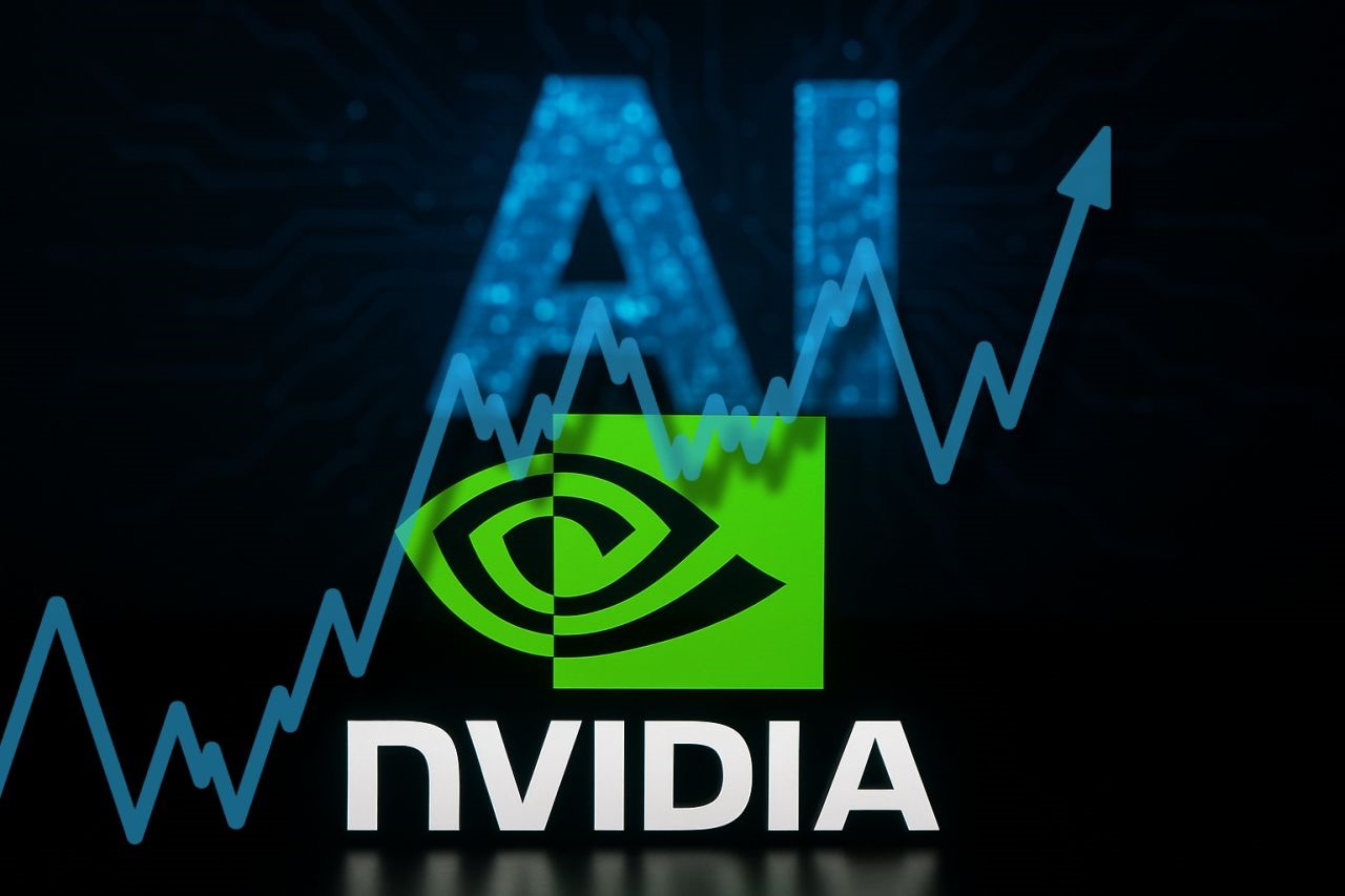 Il logo di Nvidia in basso al centro, e la scritta AI sfumata sullo sfondo. In sovrimpressione un tratto zig-zag che termina con una freccia verso l'alto