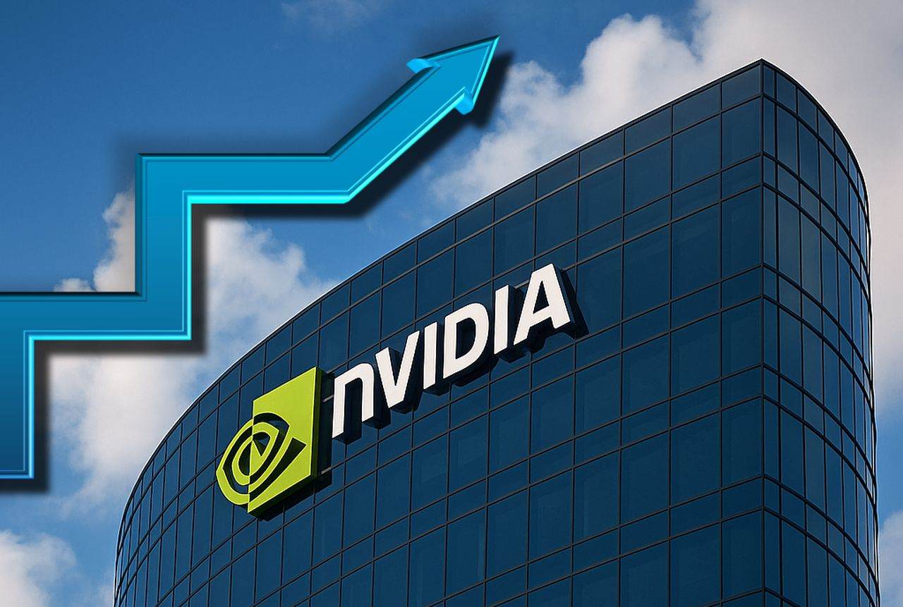 La vetrata di un moderno grattacielo con l'insegna Nvidia. Una freccia che sale a scalini verso l'alto in sovrimpressione