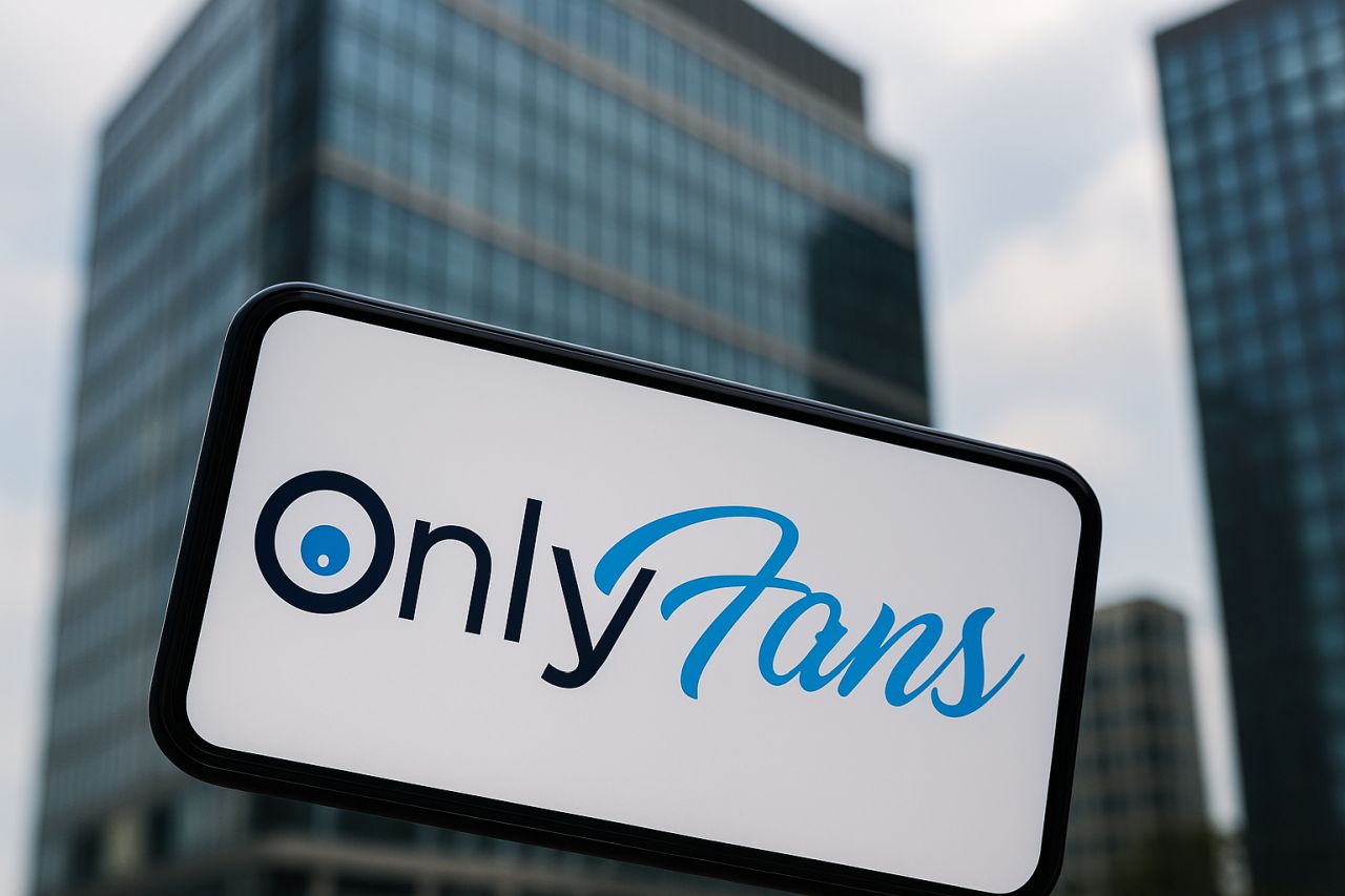 La scritta OnlyFans sullo schermo di uno smartphone in primo piano e dei grattacieli sullo sfondo