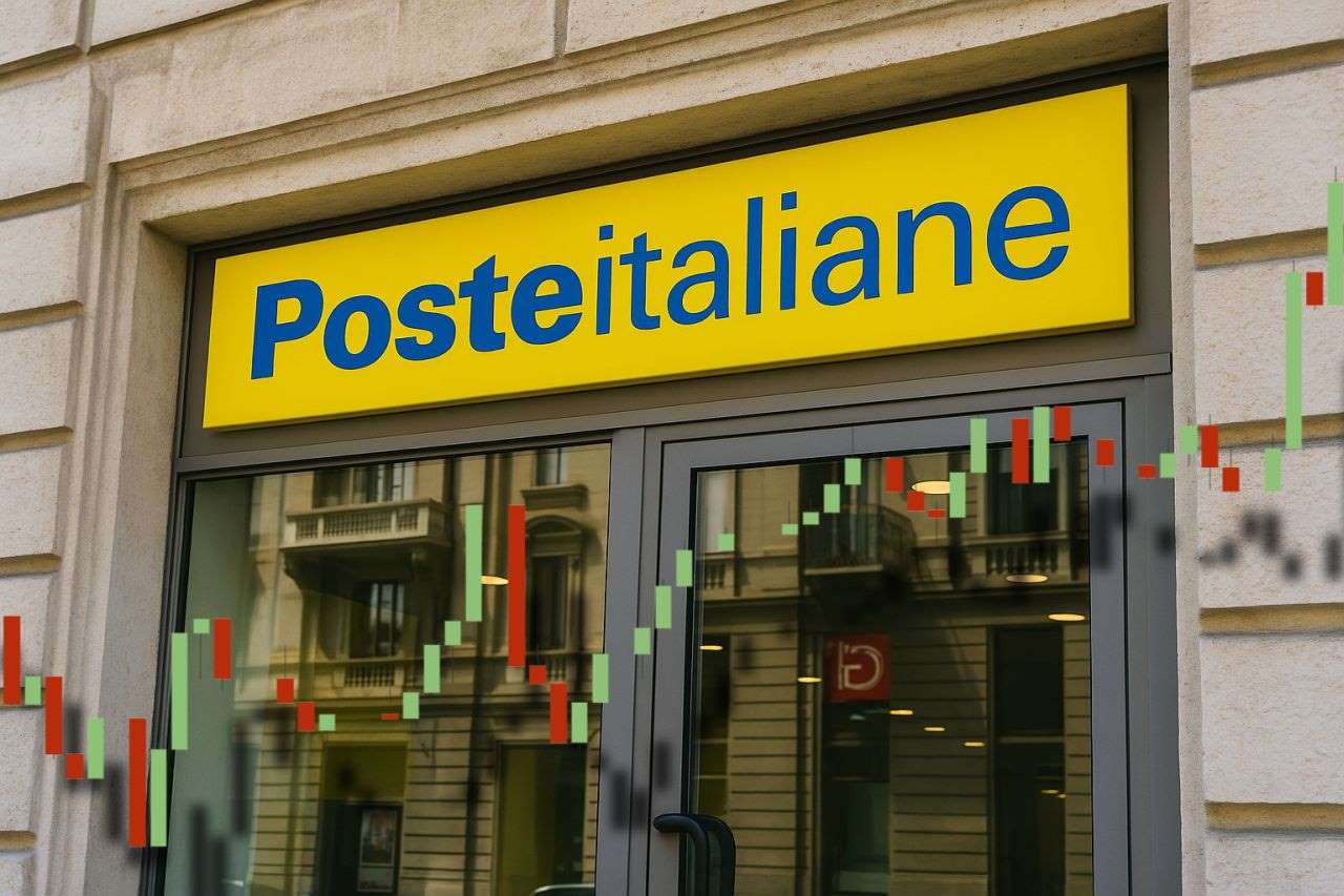Un ufficio postale con la scritta Poste Italiane sulla vetrata d'ingresso. In sovrimpressione un grafico a candele