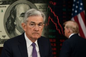 Primo piano di Powell e una banconota in dollari sullo sfondo