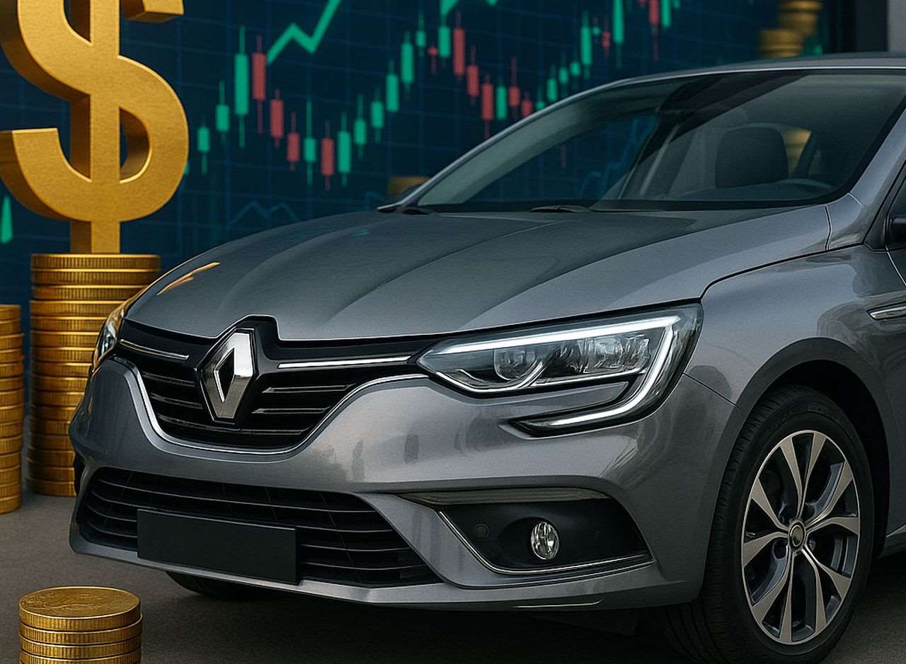 Il muso di una Renault con il simbolo della casa automobilistica in bella vista sulla griglia del radiatore. Sullo sfondo dei grafici finanziari