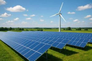 Un campo di pannelli fotovoltaici e una pala eolica in lontananza