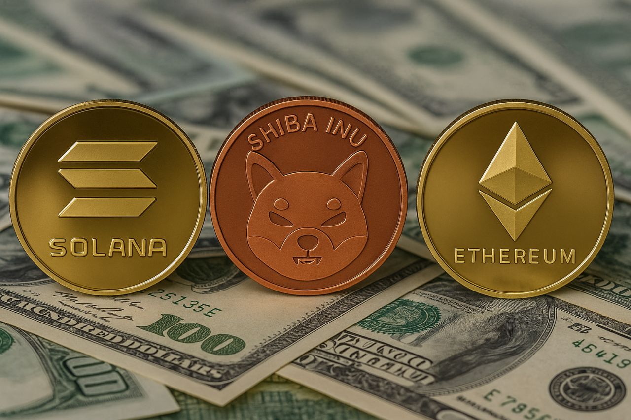 Tre monete: la prima col simbolo di Solana, la seconda di Shiba Inu e la terza di Ether