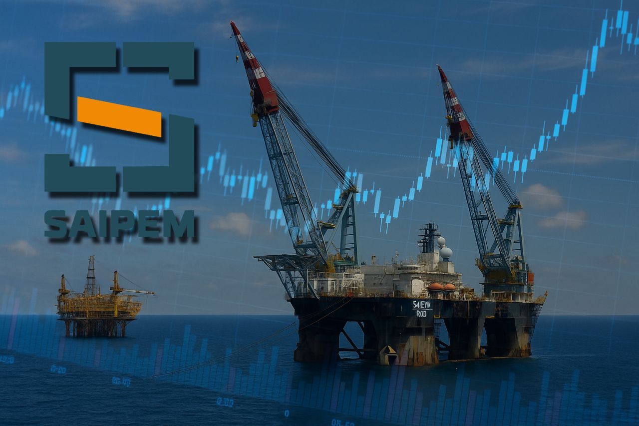 Una piattaforma energetica in mare aperto con dei grafici in trasparenza e il logo di Saipem in sovrimpressione in alto a sinistra