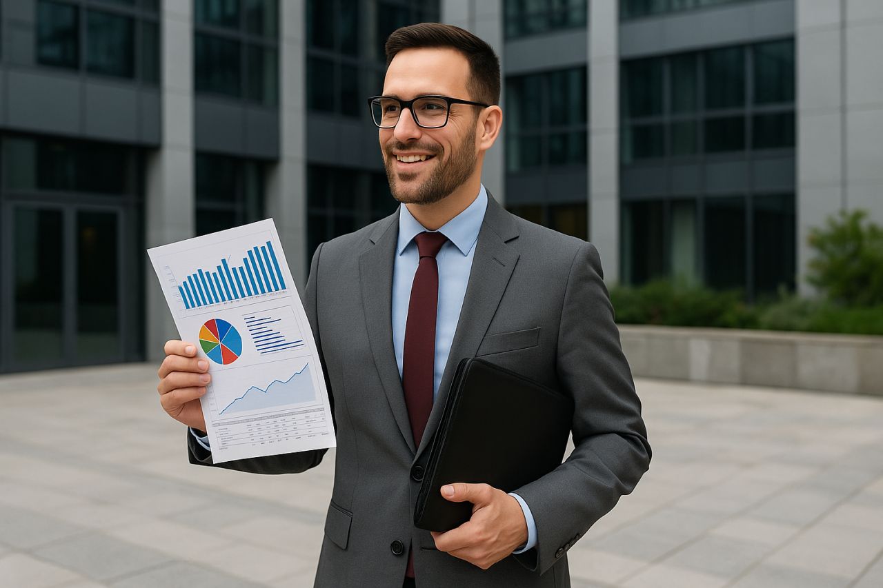 primo piano di un investitore in giacca e cravatta con in mano dei fogli con grafici finanziari