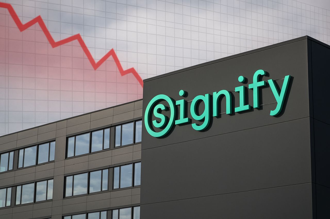 Un edificio con la scritta Signify e un grafico finanziario sullo sfondo in alto a sinistra